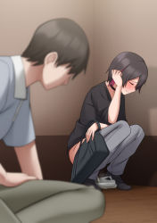 Rule 34 | 1boy, 1girl, bag, black choker, black footwear, black shirt, blue shirt, blurry, blurry foreground, blush, brown hair, choker, closed eyes, closed mouth, clothes pull, collared shirt, embarrassed, faceless, faceless male, full body, green pants, grey pants, highres, holding, holding bag, indoors, maanii, multicolored hair, original, pants, pants pull, pee, peeing, peeing in bag, pink hair, plastic bag, shirt, shoes, short hair, short sleeves, sidelocks, sideways mouth, solo focus, squatting, steam, streaked hair, two-tone hair, u u, watching, wooden floor