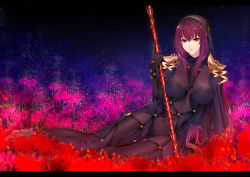 Rule 34 | 1girl, armor, bodysuit, breasts, fate/grand order, fate (series), flower, gae bolg (fate), highres, holding, holding weapon, jewelry, large breasts, long hair, looking at viewer, pauldrons, polearm, purple bodysuit, purple hair, red eyes, scathach (fate), scathach (fate), shoulder armor, solo, spear, weapon, zucchini