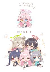 Rule 34 | 5girls, ahoge, animal ear fluff, animal ears, ayane (blue archive), black hair, blue archive, blue eyes, blush, cat ears, cat girl, chibi, closed eyes, closed mouth, commentary request, cross hair ornament, full body, grey hair, hair ornament, halo, heart, heterochromia, highres, hoshino (blue archive), long hair, looking at another, medium hair, multiple girls, nonomi (blue archive), open mouth, pink hair, red-framed eyewear, scarf, serika (blue archive), shiroko (blue archive), shirt, short hair, simple background, skirt, smile, tibaridooor, translation request, white background, yellow eyes