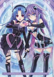 Rule 34 | 10s, 2girls, 5pb (neptunia), :d, alternate costume, belt, blue eyes, blue hair, blush, boots, braid, breasts, character name, choker, choujigen game neptune, cleavage, company name, cross-laced footwear, detached sleeves, english text, frilled sleeves, frills, garter straps, gloves, hair ornament, headphones, heart, heart hands, heart hands duo, highres, holding hands, interlocked fingers, lace-up boots, long hair, long sleeves, looking at viewer, mole, mole under eye, multiple girls, neptune (neptunia), neptune (series), official art, open mouth, purple eyes, purple hair, purple heart (neptunia), smile, sweater vest, symbol-shaped pupils, thighhighs, thighhighs under boots, tsunako, twin braids, very long hair
