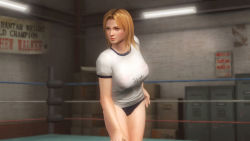 Rule 34 | 1girl, 3d, blonde hair, blue eyes, breasts, buruma, dead or alive, dead or alive 5, female focus, gym, gym uniform, indoors, large breasts, official art, short hair, solo, tina armstrong, uniform