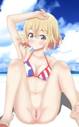 Rule 34 | 1girl, absurdres, anus, arm up, armpits, beach, bikini, bikini top only, blonde hair, blush, bottomless, breasts, cloud, day, female focus, green eyes, hand on own head, highres, kanojo okarishimasu, kiniro tofu, knees up, looking at viewer, nanami mami, navel, outdoors, parted lips, pussy, sandals, short hair, sitting, sky, solo, spread legs, swimsuit, uncensored, urethra