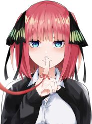 Rule 34 | 1girl, absurdres, black cardigan, blue eyes, butterfly hair ornament, cardigan, closed mouth, finger to mouth, go-toubun no hanayome, hair ornament, highres, index finger raised, long sleeves, looking at viewer, mame1645, nakano ichika, nakano nino, open cardigan, open clothes, red hair, shirt, solo, string, string of fate, white shirt