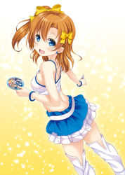 Rule 34 | 10s, 1girl, :d, asakura ryou (artist), bare shoulders, blue eyes, blush, boots, bow, bracelet, cd, earrings, hair bow, hino minato (spec.c), jewelry, kosaka honoka, love live!, love live! school idol project, midriff, open mouth, orange hair, race queen, short hair, side ponytail, skirt, smile, solo, standing, thigh boots, thighhighs, white footwear, white thighhighs, yellow background