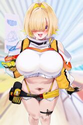 Rule 34 | 1girl, ahoge, blonde hair, breasts, cowboy shot, elegg (nikke), goddess of victory: nikke, hair over one eye, highres, huge breasts, looking at viewer, micro shorts, mizuppoi, multicolored hair, navel, one eye covered, purple eyes, short hair, shorts, solo, stomach, thigh strap, tongue, tongue out, two-tone hair