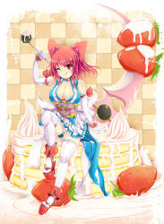 Rule 34 | 1girl, :q, ;q, adapted costume, breasts, cake, choker, cleavage, covered erect nipples, cream, elbow gloves, female focus, food, fruit, gloves, hair bobbles, hair ornament, heart, high heels, highres, ichirino minagi, large breasts, magical girl, one eye closed, onozuka komachi, platform footwear, platform heels, red eyes, red hair, scythe, shoes, short hair, solo, strawberry, thighhighs, tongue, tongue out, touhou, twintails, two side up, white thighhighs, wink