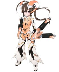Rule 34 | 1girl, ahoge, arm cannon, bodysuit, brown eyes, hair ornament, highres, long hair, looking at viewer, morino donguri, orange bodysuit, phantasy star, phantasy star online 2, skin tight, smile, solo, twintails, weapon, white background, zelsius
