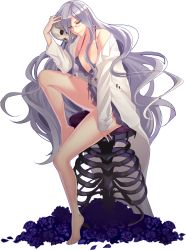 Rule 34 | 1girl, babydoll, barefoot, belinda, breasts, cleavage, flower, full body, glasses, highres, ktsis, lab coat, large breasts, lingerie, long hair, long legs, off shoulder, open clothes, open shirt, pen, purple hair, ribs, shirt, sitting, skeleton, skull, smile, solo, stool, transparent background, underwear, unlight, wavy hair, yellow eyes