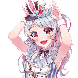 Rule 34 | 1girl, :d, alice in wonderland, animal ears, armpits, arms up, bang dream!, black hat, black ribbon, blue bow, blue hair, blush, bow, chain, cosplay, dew (dltmf2266), earrings, fake animal ears, frills, hat, hat bow, heart, heart earrings, jewelry, long hair, looking at viewer, matsubara kanon, neck ribbon, one side up, open mouth, playing card print, purple eyes, rabbit ears, rabbit pose, ribbon, signature, simple background, sleeveless, smile, solo, striped, top hat, upper body, vertical stripes, white background, white rabbit (alice in wonderland), white rabbit (cosplay), wristband