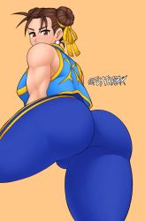 1girl ass bare_shoulders blush breasts brown_eyes brown_hair cameltoe capcom chun-li double_bun earrings flytrapxx from_behind from_below hair_bun hair_ribbon highres huge_ass jewelry looking_at_viewer looking_down medium_breasts ribbon short_hair sideboob solo spandex street_fighter vest