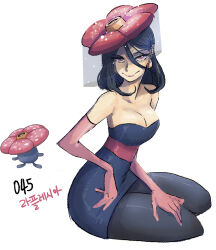 1girl bare_shoulders black_dress black_hair black_pantyhose breasts cleavage creatures_(company) cropped_legs dress earrings elbow_gloves flower_hat game_freak gen_1_pokemon gloves hair_between_eyes jewelry large_breasts looking_at_viewer nintendo pantyhose personification pink_gloves pokemon pokemon_(creature) red_eyes reference_inset short_hair sitting sleeveless sleeveless_dress smile tamtamdi vileplume