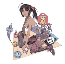 Rule 34 | 1girl, :d, ahoge, bad perspective, bag, black hair, bow, candle, chair, cross hair ornament, dark skin, genie, hair bow, hair ornament, handbag, highres, jewelry, kneeling, necklace, open mouth, original, pillow, pink bow, pink thighhighs, purple eyes, purple footwear, smile, solarbattery, tan, teapot, thighhighs
