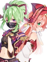Rule 34 | 2girls, antlers, back-to-back, bare shoulders, black gloves, black mask, blush, breasts, closed mouth, crop top, cropped jacket, detached sleeves, fishnet top, fishnets, from side, genshin impact, gloves, green eyes, green hair, hair between eyes, hair over shoulder, hand in another&#039;s hair, hand up, highres, horns, jacket, kuki shinobu, leaning forward, long hair, long sleeves, looking at viewer, mask, midriff, mouth mask, multiple girls, navel, ninja mask, partially fingerless gloves, pink hair, purple eyes, purple jacket, red headwear, rope, shimenawa, short ponytail, small breasts, smile, tofu (0tohuuuu), upper body, vision (genshin impact), white background, white sleeves, yanfei (genshin impact)