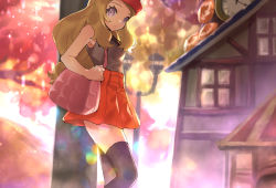 Rule 34 | 1girl, ankea (a-ramo-do), black shirt, black thighhighs, brown hair, clock, creatures (company), game freak, hat, long hair, looking at viewer, low-tied long hair, miniskirt, nintendo, outdoors, parted lips, pleated skirt, pokemon, pokemon xy, purple eyes, red hat, red skirt, serena (pokemon), shirt, skirt, sleeveless, sleeveless shirt, solo, standing, thighhighs, zettai ryouiki