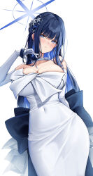 Rule 34 | 1girl, absurdres, back bow, bare shoulders, blue archive, blue eyes, blue hair, blush, bow, breasts, choker, cleavage, colored inner hair, commentary, covered navel, dark blue hair, dress, elbow gloves, flower, gloves, hair flower, hair ornament, halo, head tilt, highres, lancheu, large breasts, long hair, looking at viewer, multicolored hair, official alternate costume, saori (blue archive), saori (dress) (blue archive), simple background, solo, strapless, strapless dress, two-tone hair, very long hair, white background, white choker, white dress, white gloves