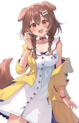 Rule 34 | 1girl, :d, animal ears, blush, bone hair ornament, braid, breasts, brown eyes, brown hair, collar, dog ears, dog girl, dog tail, dress, hair between eyes, hair ornament, highres, hololive, inugami korone, inugami korone (1st costume), jacket, large breasts, long hair, looking at viewer, open clothes, open jacket, open mouth, red collar, ruka tou, simple background, smile, solo, tail, twin braids, virtual youtuber, white background, white dress, yellow jacket