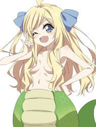 Rule 34 | 1girl, ;d, \n/, ahoge, aozora tsuru, blonde hair, blue eyes, blue ribbon, blush, breasts, censored nipples, commentary request, fang, fangs, hair censor, hair ornament, hair ribbon, highres, jashin-chan, jashin-chan dropkick, lamia, long hair, looking at viewer, monster girl, navel, nude, one eye closed, open mouth, photoshop (medium), ribbon, simple background, skin fang, small breasts, smile, solo, upper body, white background