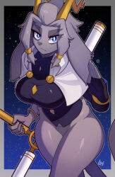 Rule 34 | 1girl, animal ears, animal nose, black shirt, blue eyes, bottomless, breasts, buttons, furry, furry female, grey fur, highres, horns, large breasts, looey, no panties, no pants, pseudoregalia, rabbit ears, shirt, simple background, sybil (pseudoregalia), tail, weapon, wide hips