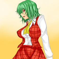 Rule 34 | 1girl, ascot, ashima takumi, breasts, female focus, green hair, impossible clothes, impossible shirt, kazami yuuka, large breasts, necktie, open mouth, plaid, plaid skirt, plaid vest, red eyes, shirt, sideways mouth, skirt, skirt set, solo, touhou, vest, xeqj