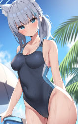 Rule 34 | 1girl, absurdres, animal ear fluff, animal ears, arm at side, arm behind back, bare shoulders, blue archive, blue eyes, blue one-piece swimsuit, blue sky, blurry, breasts, chair, cleavage, closed mouth, collarbone, competition swimsuit, covered navel, cross, cross hair ornament, day, earrings, expressionless, extra ears, grey eyes, grey hair, groin, hair ornament, halo, highleg, highleg swimsuit, highres, inverted cross, jewelry, korean commentary, long hair, looking at viewer, lounge chair, low ponytail, medium breasts, mismatched pupils, multicolored clothes, multicolored swimsuit, one-piece swimsuit, outdoors, palm tree, ponytail, shiroko (blue archive), shiroko (swimsuit) (blue archive), sidelocks, sky, solo, stud earrings, suiroh (shideoukami), summer, swimsuit, taut clothes, taut swimsuit, tree, two-tone swimsuit, upper body, water, wet