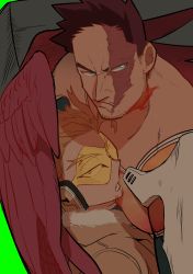 Rule 34 | 2boys, absurdres, armor, blonde hair, blue eyes, bodysuit, boku no hero academia, chanko 122, couple, endeavor (boku no hero academia), facial hair, feathered wings, glowing, glowing eyes, hawks (boku no hero academia), highres, large pectorals, male focus, mature male, multiple boys, muscular, muscular male, pauldrons, pectoral press, pectorals, red wings, scar, scar across eye, scar on face, short hair, shoulder armor, sideburns, spiked hair, stubble, upper body, wings, yaoi