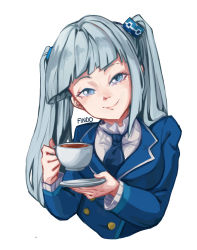 Rule 34 | 1girl, blue eyes, eyebrows, findoworld, formal, hair ornament, highres, jacket, looking at viewer, necktie, one side up, rkn-chan, russia, russian text, shirt, simple background, smirk, suit, tea, twintails, white background, white hair, white shirt