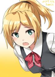 Rule 34 | 10s, 1girl, 2017, artist name, black vest, blonde hair, blue eyes, buttons, dated, gradient background, highres, kamelie, kantai collection, maikaze (kancolle), open mouth, parted bangs, ponytail, school uniform, scrunchie, shirt, short hair, short sleeves, solo, vest, white shirt