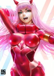 Rule 34 | 10s, 1girl, arm up, bodysuit, breasts, covered navel, darling in the franxx, dcwj, covered erect nipples, fangs, green eyes, hairband, highres, horns, impossible bodysuit, impossible clothes, looking at viewer, medium breasts, open mouth, pilot suit, pink hair, red bodysuit, skin tight, solo, watermark, white hairband, zero two (darling in the franxx)