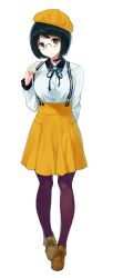 Rule 34 | 1girl, beret, black eyes, black hair, full body, glasses, hat, orange hat, orange skirt, pantyhose, sasamori tomoe, shoes, short hair, simple background, skirt, solo, suspenders, white background