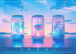 Rule 34 | absurdres, blue theme, border, can, cloud, crescent moon, drink can, gradient sky, highres, media player interface, moon, mountainous horizon, no humans, ocean, original, outdoors, reflection, simple bird, sky, sunset, surreal, transparent, tropical fish, user interface, wacca005, water