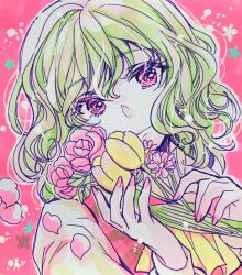 Rule 34 | 1girl, akaioringo2023, ascot, falling petals, flower, green hair, holding, holding flower, kazami yuuka, long sleeves, petals, pink flower, pink nails, pink rose, portrait, red eyes, red vest, rose, shirt, solo, touhou, traditional media, tulip, vest, white shirt, yellow ascot, yellow flower, yellow tulip
