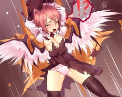 Rule 34 | !?, 1girl, animal ears, arms up, ayagi daifuku, bad id, bad twitter id, bird wings, black thighhighs, blush, breasts, brown dress, dress, closed eyes, hat, inactive account, long sleeves, medium breasts, mystia lorelei, open mouth, panties, pink panties, signature, solo, speech bubble, tears, thighhighs, torn clothes, torn dress, touhou, underwear, wings