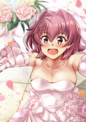 Rule 34 | 1girl, blurry, bouquet, breasts, bridal veil, cleavage, comiket 101, commentary request, cowboy shot, depth of field, dress, elbow gloves, flower, foreshortening, gloves, hair intakes, highres, kantai collection, kinu (kancolle), medium breasts, orange eyes, red hair, rose, short hair, smile, solo, strapless, strapless dress, throwing, veil, wedding dress, white dress, white flower, white gloves, white rose, yo-suke