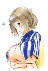 Rule 34 | 1girl, blonde hair, breast hold, breasts, employee uniform, folded ponytail, green eyes, highres, kantai collection, katori (kancolle), large breasts, lawson, looking at viewer, scowl, shirt, solo, squiggle, taisinkoku, torn clothes, torn shirt, uniform, upper body