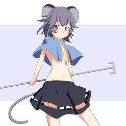 Rule 34 | 1girl, :c, animal ears, breasts, capelet, cato (monocatienus), dowsing rod, frown, grey hair, looking at viewer, mouse ears, mouse tail, navel, nazrin, no bra, no shirt, red eyes, see-through, skirt, small breasts, solo, tail, topless, touhou