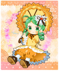 Rule 34 | 1girl, ahoge, blush, border, brown footwear, brown ribbon, coat, commentary request, dated, drill hair, expressionless, flower, frilled sleeves, frills, full body, green eyes, green hair, hair ornament, heart, heart hair ornament, highres, kanaria, kusunoki cherry, lolita fashion, looking at viewer, mary janes, medium hair, neck ribbon, open mouth, orange romper, orange umbrella, pantyhose, parasol, red flower, red rose, ribbon, rose, rozen maiden, shoes, sleeve ribbon, solo, star-shaped pupils, star (symbol), swept bangs, symbol-shaped pupils, twin drills, umbrella, white border, white pantyhose, yellow coat, yellow ribbon