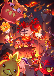 Rule 34 | bird, castform, castform (sunny), charizard, charmander, chimchar, cliff, closed eyes, commentary, creature, creatures (company), cyndaquil, dragon, english commentary, entei, eye contact, fiery hair, fiery tail, fire, fire, flame-tipped tail, flareon, flexing, flying, furry, game freak, gen 1 pokemon, gen 2 pokemon, gen 3 pokemon, gen 4 pokemon, gen 5 pokemon, gen 7 pokemon, grin, heatran, highres, incineroar, jumping, legendary pokemon, litten, looking at another, lushiesart, magby, moltres, monkey, night, night sky, nintendo, outdoors, pansear, pokemon, pokemon (creature), rapidash, salazzle, signature, sky, smile, star (sky), starry sky, tail, tepig, torchic, torkoal, unicorn