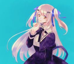 Rule 34 | 1girl, absurdres, arm at side, assault lily, black ribbon, black skirt, blue background, cropped jacket, finger to mouth, from side, gradient background, grey hair, hair ornament, hair ribbon, hairclip, hand up, high-waist skirt, highres, index finger raised, juliet sleeves, light smile, long hair, long sleeves, looking at viewer, looking to the side, neck ribbon, parted lips, puffy sleeves, purple ribbon, ribbon, school uniform, shirt, sideways glance, skirt, solo, sorato (astllatte), standing, tada shiera, two side up, upper body, very long hair, white shirt, yellow eyes, yurigaoka girls academy school uniform