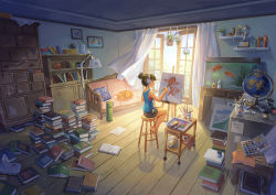 Rule 34 | 1girl, barefoot, blurry, book, book stack, bookshelf, brown hair, cabinet, canvas (object), cart, cat, clock, couch, curtains, cushion, desk, digital media player, doll, easel, faceless, faceless female, facing away, fish, fish tank, from side, gloves, goldfish, hair bun, headphones, highres, indoors, jar, kitsu+3, lamp, legs together, light particles, messy room, no eyes, open door, original, paint, paintbrush, painting (action), painting (object), palette (object), paper, pillow, plant, potted plant, profile, scenery, shadow, shelf, shorts, signature, single hair bun, sitting, solo, stool, sunlight, tank top, thermos, vase, wind, window, wooden floor