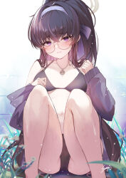 Rule 34 | 1girl, bikini, black bikini, black hair, black jacket, blue archive, blush, breasts, commentary request, feet out of frame, glasses, grey halo, hair over shoulder, hairband, halo, halterneck, jacket, jewelry, long hair, long sleeves, looking at viewer, necklace, o-ring, o-ring bikini, off shoulder, official alternate costume, open clothes, open jacket, open mouth, paid reward available, ponytail, purple eyes, purple hairband, round eyewear, sea nami, signature, sitting, small breasts, solo, swimsuit, ui (blue archive), ui (swimsuit) (blue archive)