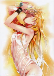 Rule 34 | 00s, 1girl, blonde hair, blush, bottle, bottomless, bracelet, breasts, fate testarossa, highres, jewelry, long hair, lyrical nanoha, mahou shoujo lyrical nanoha, mikazuki akira!, naked shirt, nipples, open mouth, pouring, red eyes, scan, see-through, shirt, solo, tongue, water, water bottle, wet, wet clothes, wet shirt, wristband