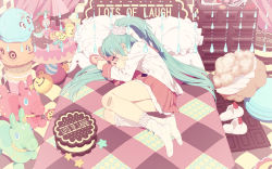 Rule 34 | 1girl, aqua hair, bed, blue eyes, cake, closed eyes, cream puff, feet, flat color, food, hatsune miku, honya lala, lol -lots of laugh- (vocaloid), long hair, lots of laugh, lying, macaron, mikumix, on side, pastry, pillow, pleated skirt, scrunchie, shoes, skirt, socks, solo, stuffed animal, stuffed toy, teddy bear, twintails, very long hair, vocaloid