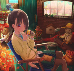 Rule 34 | 1girl, aiuabo, animal, animal on head, aqua necktie, autumn leaves, barrel, bird, bird on head, birdhouse, black hair, black pantyhose, blue nails, blush, book, book on lap, brick wall, brown hat, bug, cardigan, chair, commentary request, door, dragonfly, eating, fence, food, green skirt, hair bun, hair over one eye, hat, highres, insect, leaf, long sleeves, maple leaf, nail polish, necktie, on head, original, pantyhose, parted lips, plant, pleated skirt, potted plant, red eyes, red hat, red neckwear, roasted sweet potato, sack, scarecrow, single hair bun, sitting, skirt, sweet potato, watering can, window, yellow cardigan