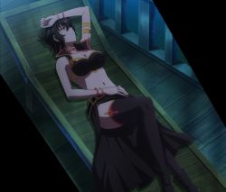 Rule 34 | 1girl, black hair, breasts, cleavage, highres, isekai cheat magician, large breasts, midriff, navel, remia (isekai cheat magician), revealing clothes, screencap, short hair, stitched, thighhighs, third-party edit, yellow eyes