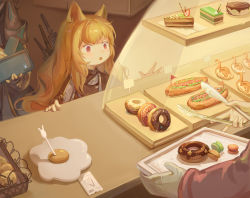 Rule 34 | 1girl, 2others, :o, absurdres, animal ears, arknights, black jacket, brown hair, cake, cake slice, ceobe (arknights), chinese commentary, doctor (arknights), dog ears, doughnut, food, highres, holding, holding tongs, holding wallet, hot dog, jacket, long hair, mixed-language commentary, multiple others, red eyes, rlonely zhuazi, solo focus, tongs, upper body, wallet, weapon, weapon on back