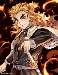 Rule 34 | 1boy, belt, belt buckle, black background, black jacket, blonde hair, blurry, buckle, buttons, cape, closed mouth, colored tips, commentary request, demon slayer uniform, fingernails, fire, fire, flame print, forehead, forked eyebrows, gradient hair, hand on hilt, highres, holding, holding sword, holding weapon, jacket, kaedeyara, katana, kimetsu no yaiba, light smile, long hair, long sleeves, looking at viewer, male focus, mismatched eyebrows, moon, multicolored hair, orange eyes, ponytail, red hair, rengoku kyoujurou, sidelocks, smile, solo, sword, thick eyebrows, two-tone hair, weapon, white belt, white cape