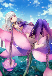 Rule 34 | 1girl, alternate hair length, alternate hairstyle, armpits, bare shoulders, barefoot, blue sky, breasts, closed mouth, day, detached sleeves, earrings, fate/grand order, fate (series), flower, halterneck, jewelry, kama (fate), kama (third ascension) (fate), kleinlight, knees up, lily (flower), lily pad, long hair, long sleeves, lotus, lying, mini person, minigirl, on back, outdoors, petals, pink flower, purple legwear, sky, small breasts, solo, thigh strap, toeless legwear, very long hair, water