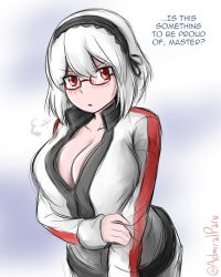 Rule 34 | 1girl, admiral paru, azur lane, blush, breasts, cleavage, collarbone, commentary, english text, glasses, hairband, highres, large breasts, looking at viewer, red eyes, short hair, sirius (azur lane), solo, track suit, twitter username, white hair