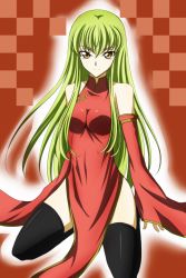 Rule 34 | 1girl, bad id, bad pixiv id, bare shoulders, black thighhighs, breasts, c.c., ccllsaikou, china dress, chinese clothes, code geass, detached sleeves, dress, female focus, gradient background, green hair, highres, long hair, sitting, smile, solo, thighhighs, yellow eyes