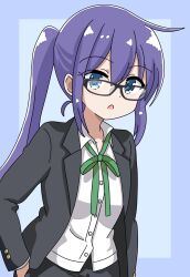 1girl alternate_hairstyle blue_background blue_hair business_suit button_up_skirt chikadaioshi collarbone dot_nose feet_out_of_frame female_focus formal_clothes glasses hair_between_eyes koisuru_asteroid long_hair long_sleeves looking_at_viewer manaka_ao open_mouth ponytail shirt solo standing suit